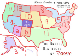 A map of Panem's 12 Districts. Note that Capitol City is located in Colorado, precisely where the Federal government is moving much of its operations, to Colorado. This parallels the United Nations approach to the creation of 10 districts in the U.S. in 1972.