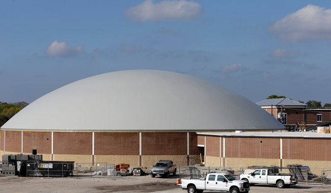 The new dome in Edna, Tex., will also serve as a high school gymnasium. The $2.5 million structure, mostly financed by FEMA, is designed to withstand winds of up to 200 miles per hour. Credit David J. Phillip/Associated Press