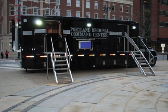 PORTLAND, Maine --   -- A new mobile command unit to be used by Portland and South Portland police and fire departments sits outside Portland City Hall on Monday. The unit doubles as a conference and communications center.