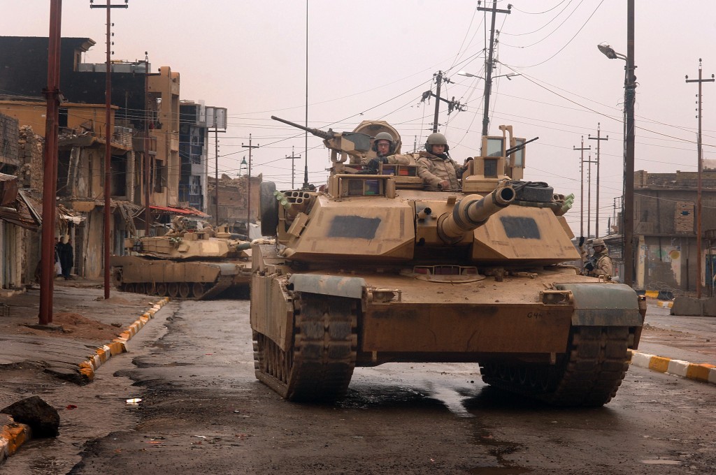 U.S. Army M1 Abrams tanks from the 3rd Armored Calvalry Regiment conduct a combat patrol in the city of Tal Afar, Iraq, Feb. 3, 2005.  (U.S. Air Force photo By Staff Sgt. Aaron Allmon) (Released)
