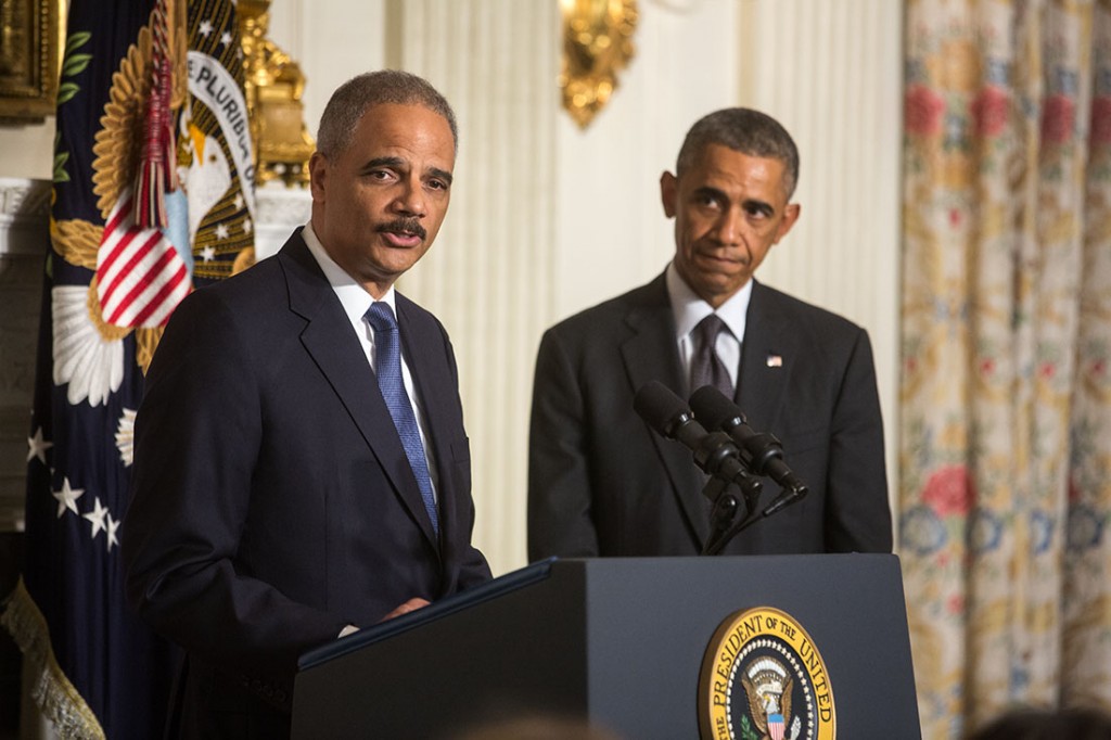 Attorney General Eric H. Holder Jr., delivers remarks following President Barack Obama's statement announcing Holder's departure, in the State Dining Room of the White House, Sept. 25, 2014. Attorney General Holder will remain at the Department of Justice until his post is filled. (Official White House Photo by Chuck Kennedy)